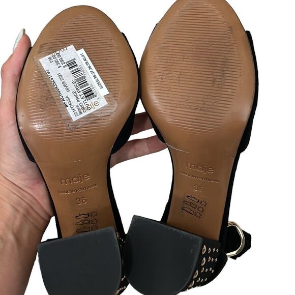 NWOB MAJE $360 Black Suede Studded Block Heel Open Toe Sandals size 36 US 6 - Picture 7 of 9